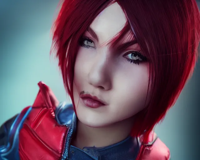 Image similar to a girl with short red hair, cool, vi from arcane, league of legends, fighter, cool red jacket, tattoo, beautiful, 3 d, potrait, art staion, studio light, closeup shot, octane render, wlop