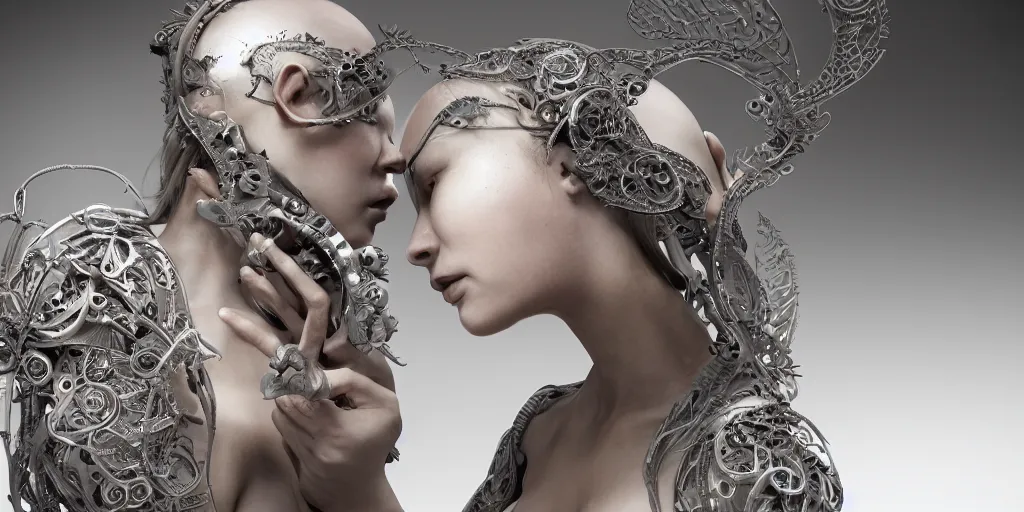 Prompt: hyper realistic photography of a stunningly cyborg female, intimate, holding hands, kissing, delicate fan of blades, in the style of beth cavener, jin kagetsu,, and wlop, highly detailed, intricate filigree, chrome face symmetry, masterpiece, award - winning, sharp focus, concept art, high key, ambient lighting, 8 k, octane render,