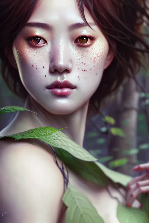 Image similar to beautiful digital painting of a hoyeon jung stylish female forest with high detail, real life skin, freckles, 8 k, stunning detail, works by artgerm, greg rutkowski and alphonse mucha, unreal engine 5, 4 k uhd