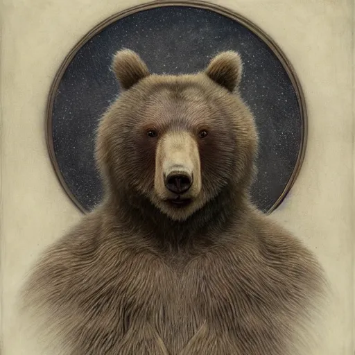 Image similar to bear rabbit hybrid character portrait by jean delville, tom bagshaw, brooke shaden, gustave dore and marco mazzoni, studio ghibli style, porcelain, histological, artificial intelligence, ebony, ivory, geologycal strata, organic, detailed fur, intricate details
