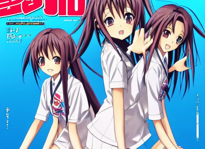 Image similar to ; weekly shonen jump issue 1 4, cover, 2 0 0 0 clannad shuffle lucky star suzumiya haruhi toheart event'anime illustration japanese very very beautiful cute girls doing cute things trending on artstation pixiv makoto shinkai smiling super detailed eyes eyebrowless symmetry face visual novel hairpin star