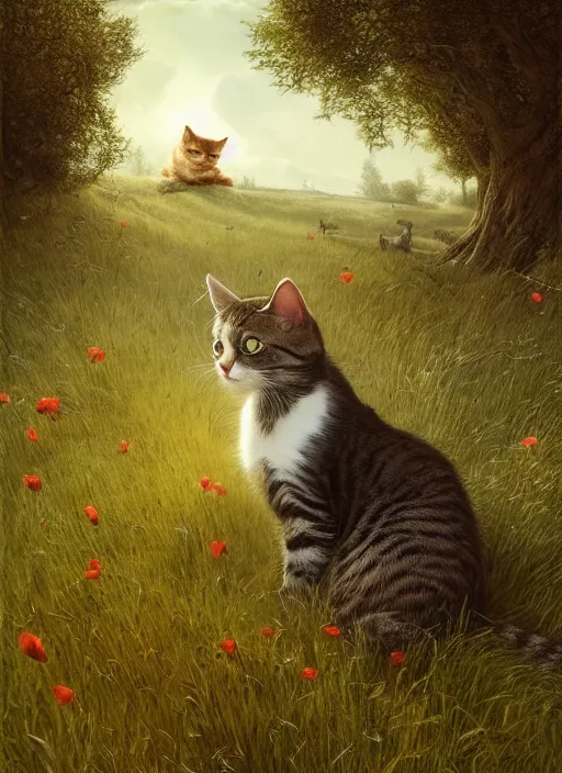 Image similar to the cat in the field from poppy and tulip, hyperrealism, no blur, 4 k resolution, ultra detailed, style of ivan shishkin, tyler edlin, tom bagshaw, arthur rackham