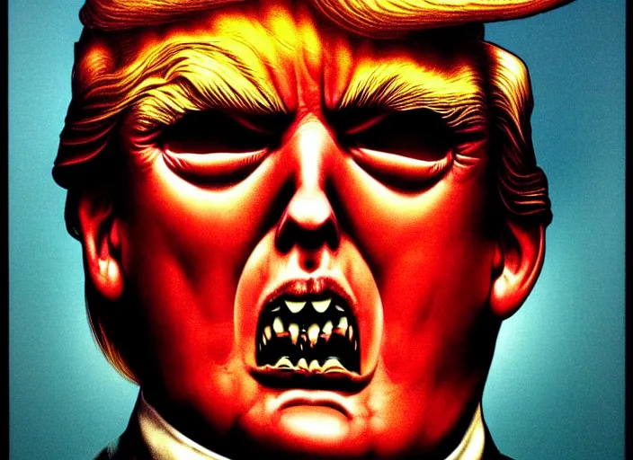 Image similar to donald trump's grotesque true form revealed, horror, high details, intricate details, by vincent di fate, artgerm julie bell beeple, 1 9 8 0 s, inking, vintage 8 0 s print, screen print, rule of thirds by francis tneh