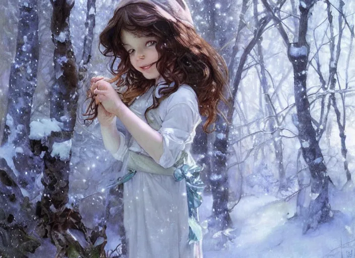 Prompt: A cute little girl with short curly brown hair and blue eyes and a happy expression. She is standing in a snowy forest trying to catch snowflakes. beautiful fantasy art by By Artgerm and Greg Rutkowski and Alphonse Mucha, trending on artstation.