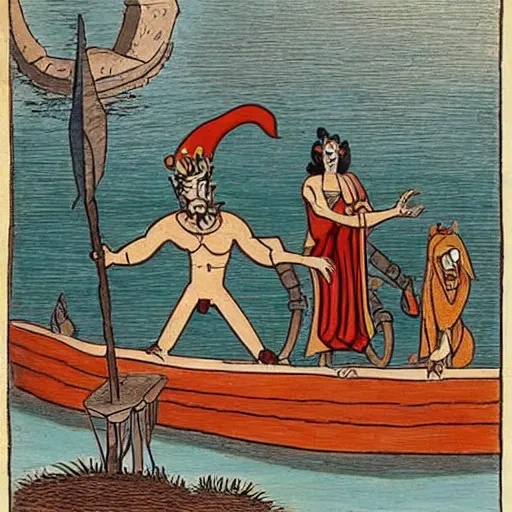 Image similar to hades from the cartoon Hercules on a boat on the River Styx, minimal, Spanish folk art