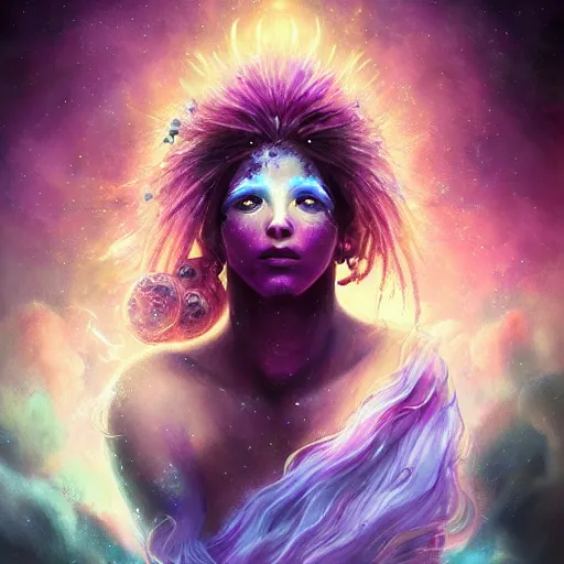 Image similar to epic portrait an nebulae goddess with flowing purple long hair and glowing purple eyes, sweaty skin, beautiful face, digital painting, artstation, concept art, soft light, hdri, smooth, sharp focus, illustration, fantasy, intricate, elegant, highly detailed, D&D, matte painting, in the style of Greg Rutkowski and Alphonse Mucha and artemisia, 8k, highly detailed, jurgens, rutkowski, bouguereau, pastoral, rustic, georgic, detailed concept art, illustration, colorful pastel, painting, detail, ultra detailed, digital art, 4K,