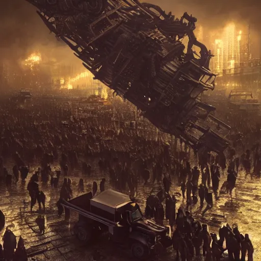 Image similar to truck stampede by Greg Rutkowski, Sung Choi, Mitchell Mohrhauser, Maciej Kuciara, Johnson Ting, Maxim Verehin, Peter Konig, Bloodborne, macro lens, 35mm, 8k photorealistic, cinematic lighting, HD, high details, atmospheric