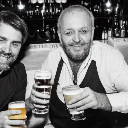 Image similar to Cedric Jubilar and Xavier dupont de ligones having a beer, award winning photography