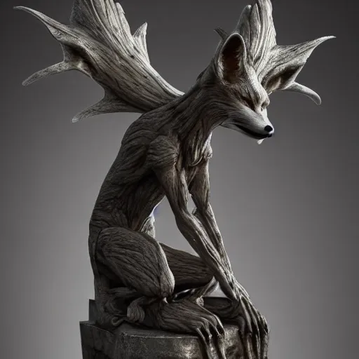 Image similar to male anthro anthropomorphic human like fox demon alien creature monument stands on the fallen moon empire,