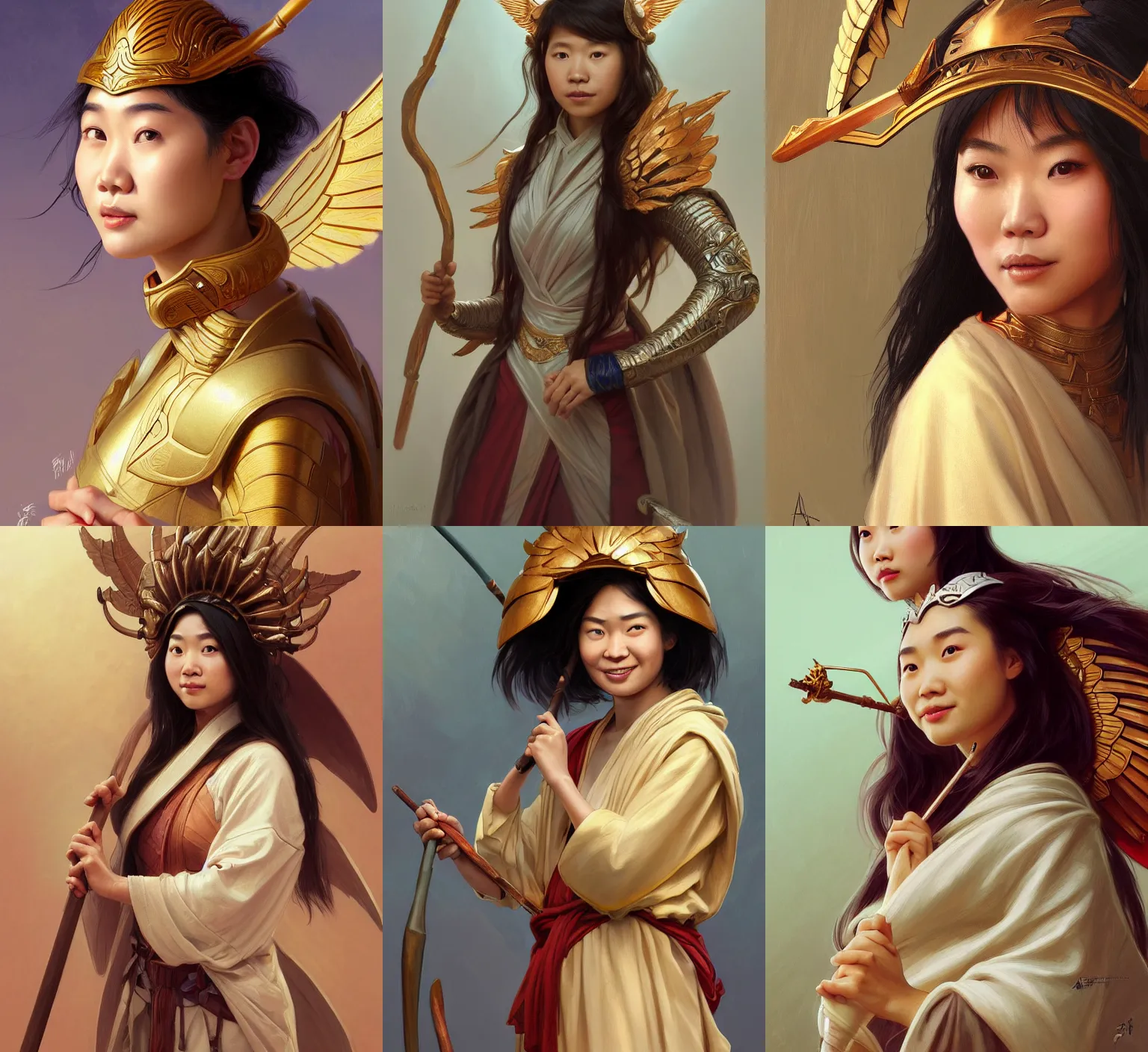 Prompt: Close-up portrait of funny young asian woman wearing a winged helmet, holding a staff and wearing a robe with shoulders exposed, portrait, highly detailed, digital painting, artstation, concept art, sharp focus, illustration, art by artgerm and greg rutkowski and alphonse mucha
