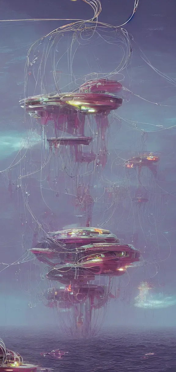 Image similar to robotic jellyfish starship with long tendrils, lots of hanging cables and wires, messy cords, over ocean on fire, sci - fi concept art, by john harris, by simon stalenhag, stunning, award winning