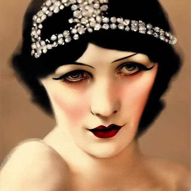 Image similar to 1 9 2 0 s beautiful woman in a flapper photo portrait, atmospheric lighting, painted, intricate, ultra detailed, well composed, best on artstation, cgsociety, epic, stunning, gorgeous, intricate detail, wow, masterpiece