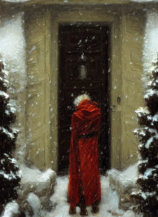 Image similar to new york apartment building in winter, close up of wreath on door, snow, artwork by gaston bussiere, craig mullins, trending on artstation