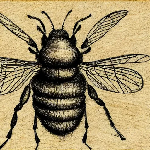 Image similar to Leonardo da Vinci detailed sketch of a mechanical bee, concept art, pencil on paper, technical sketch, blueprint, robotic, mechanical