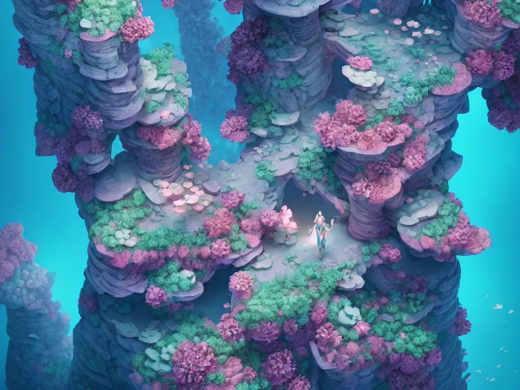 Prompt: stone castle in a coral reef by charlie bowater and anna dittmann and artgerm and clemens ascher, intricate, elegant, pink and blue and green mist, highly detailed, dramatic lighting, sharp focus, octane render, trending on artstation, artstationhd, artstationhq, unreal engine, 4 k, 8 k