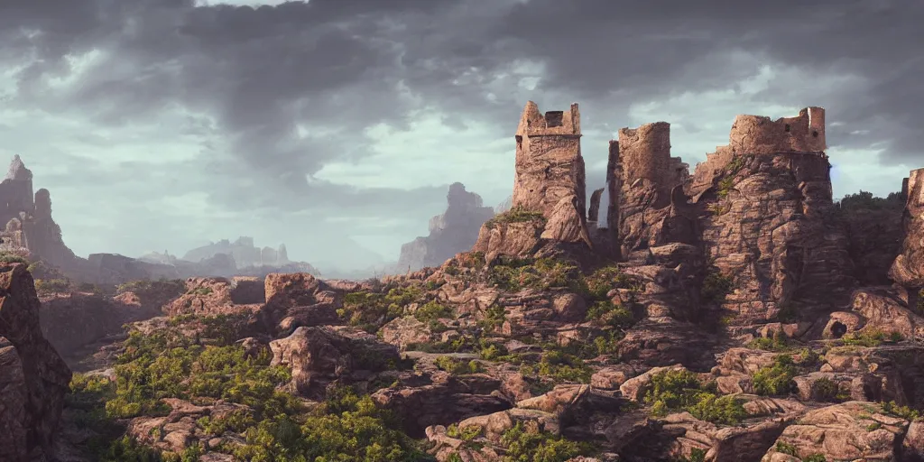 Prompt: Rocky arch connect two sides from left to right over the canyon, in the distance ancient castle with destroyed tower, highly detailed, matte painting, wide lens, overcast sky, ultra realistic, 4k, 8k resolution, trending on artstation, octane render, unreal engine.