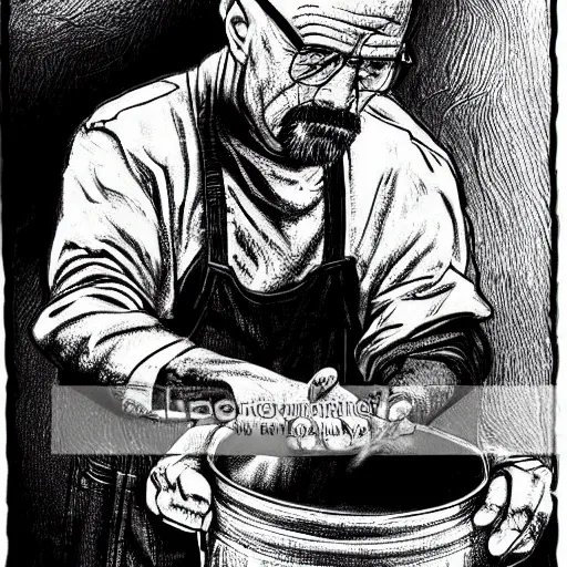 Prompt: walter white cooking eggs in a saucepan. He is looking worried. The stove is on fire. dramatic lighting, movie poster