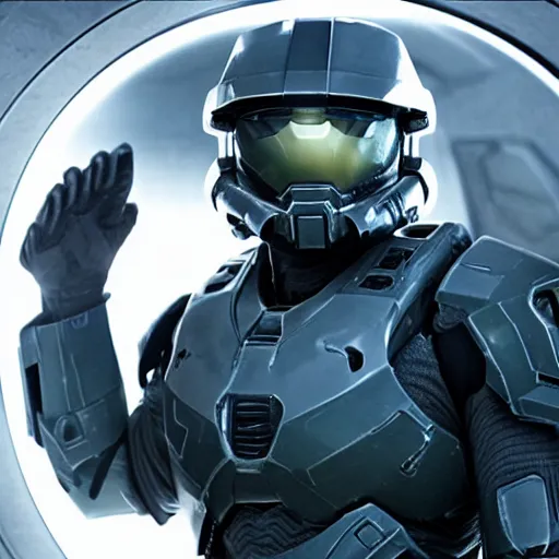 Image similar to film still of Joseph Gordon Levitt as master chief, holding helmet in new halo film, 4k