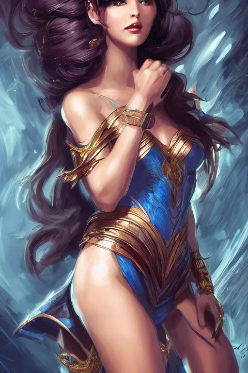 Image similar to three quarters portrait pose of a beautiful woman,super heroine costume,super powers, fantasy, intricate, elegant, highly detailed, digital painting, artstation, concept art,shining, sharp focus, illustration, art by Stanley Lau