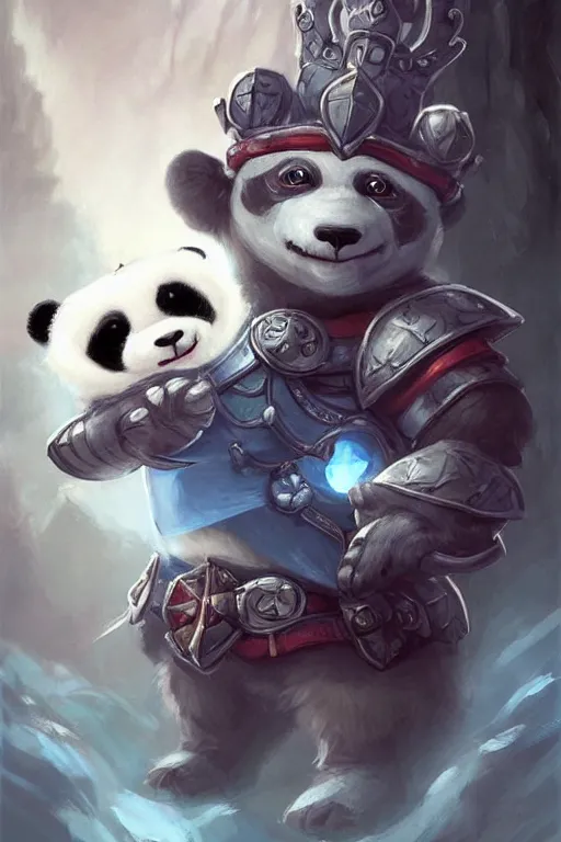 Image similar to cute little anthropomorphic panda knight wearing a cape and a crown, tiny, small, miniature panda baby animal, short, pale blue armor, cute and adorable, pretty, beautiful, DnD character art portrait, matte fantasy painting, DeviantArt Artstation, by Jason Felix by Steve Argyle by Tyler Jacobson by Peter Mohrbacher, cinematic lighting