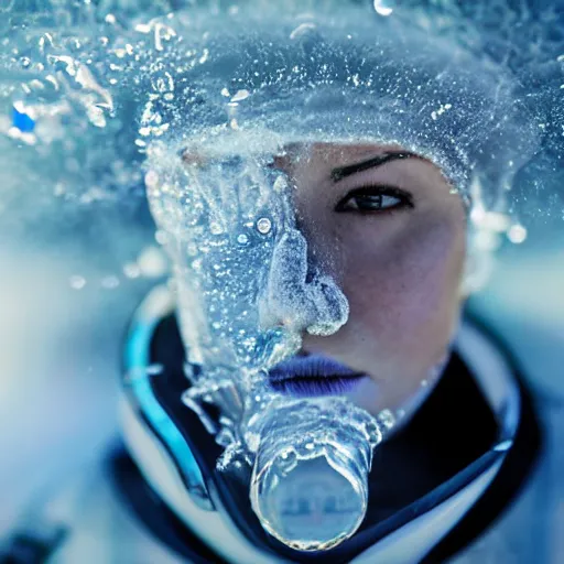 Image similar to futuristic female soldier eyes closed partly submerged in highly viscous clear fluid, frost particles, ice needles, cold blue light, complex hyperdetailed technical suit. white hair flowing. reflection. rays and dispersion of light. volumetric light. 5 0 mm, f / 3 2. noise film photo. ultra realistic, wide angle. rudolf herczog