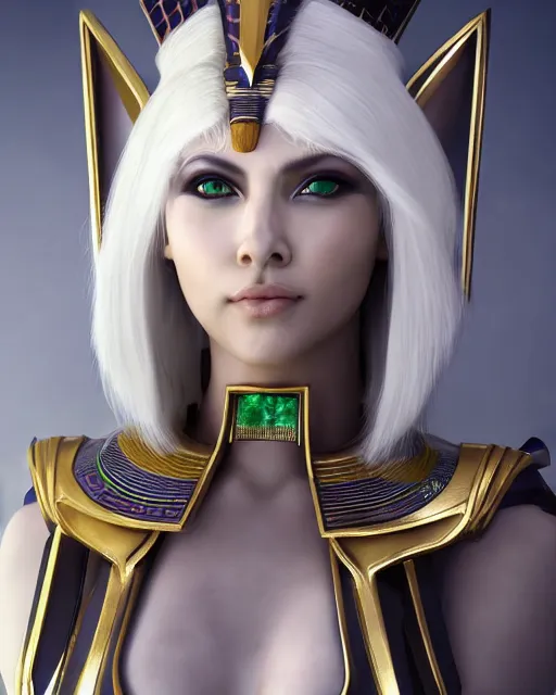 Image similar to perfect white haired attractive egyptian goddess, warframe armor, pharaoh headdress, beautiful, symmetric, dreamy, half asian, pretty face, green eyes, charlize theron, detailed, scifi platform, laboratory, experiment, 4 k, ultra realistic, epic lighting, android body, illuminated, cinematic, masterpiece, art by akihito tsukushi, voidstar