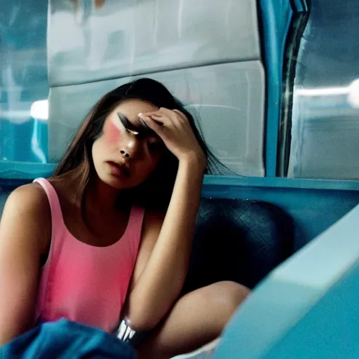 Prompt: a young women, broken hearted, on a greyhound bus to find out where her love has been, nighttime, retrowave