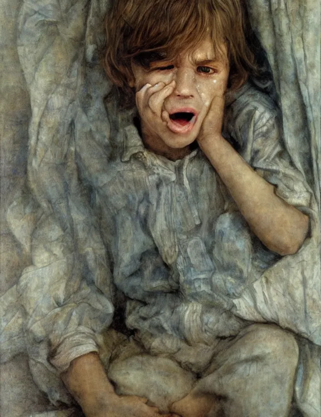 Prompt: peasant boy crying in country house, cottage core, cinematic focus, polaroid photo bleached vintage pastel colors high - key lighting, soft lights, foggy, by steve hanks, by lisa yuskavage, by serov valentin, by tarkovsky, detailed, oil on canvas