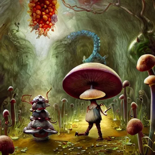 Image similar to Hell and heaven, captured in bottles, an elderly mushroom walking their pet snail, The Autumn Plague Gardener, the theme of Alice in Wonderland, digital painting, its softness partakes of fluidity, illustration, deep dark, artstation, intricate, biodiversity in a world of change and constancy, ue5, by deiv calviz and bossmonsterbani