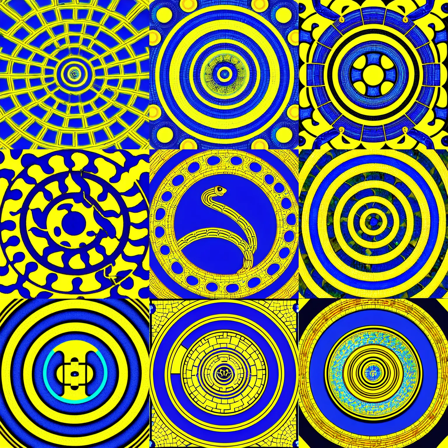 Prompt: blue and yellow pythons, iconography, golden ratio,mosaic, concentric