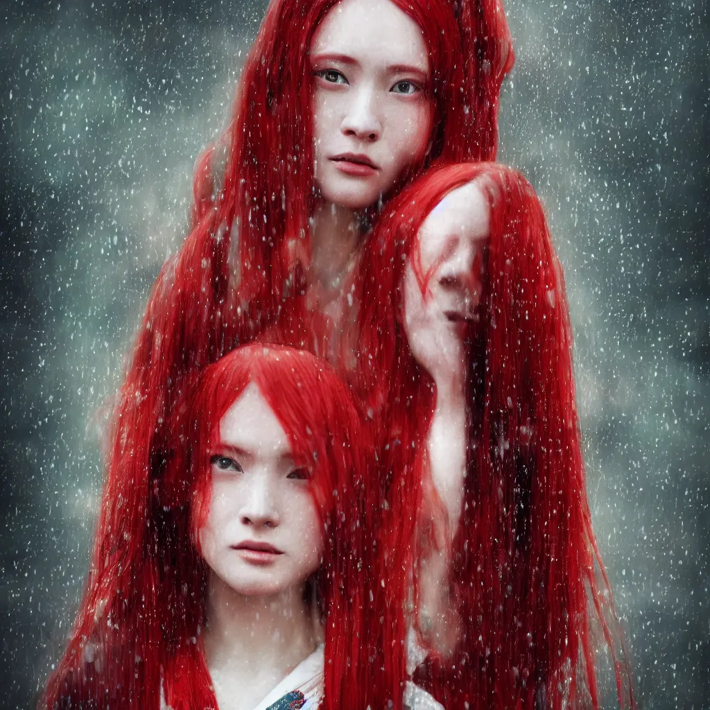 Image similar to a girl with long red hair in a kimono, portrait, rain, ultra detailed, 8 k, ctane 3 d rendered, blade runner style.