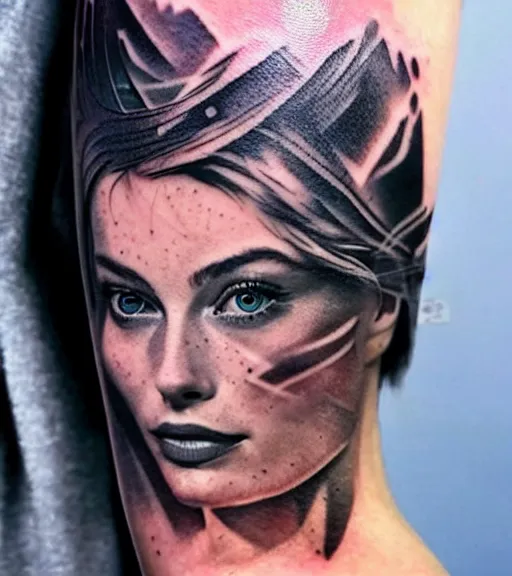 Image similar to tattoo design sketch double exposure of margot robbie blended in beautiful mountain scenery, creative mash up, in the style of arlo dicristina, surrealist, amazing detail, sharp