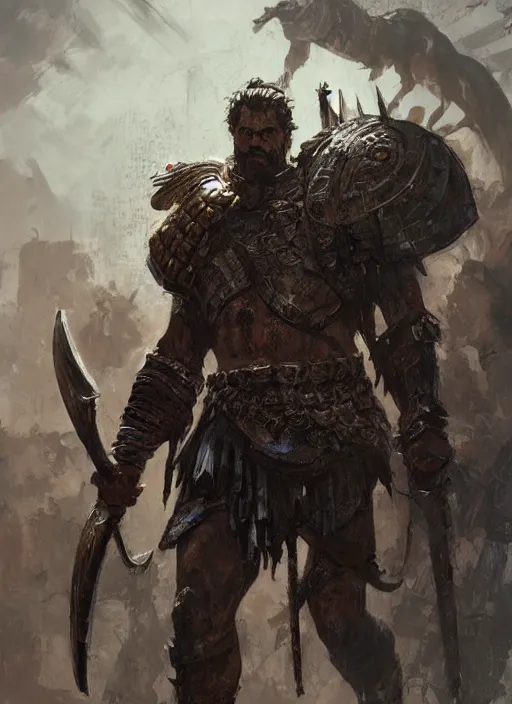 Image similar to ancient historically accurate depiction of the Bible Character Goliath of Gath, the Philistine warrior giant in ancient persian chainmail armor, dramatic lighting art by Yoji Shinkawa by Richard Schmid by greg rutkowski by Sandra Chevrier by Jeremy Lipking cinematic dramatic