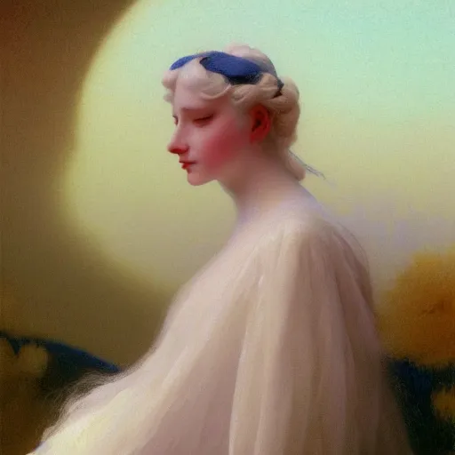 Prompt: a young woman's face, her hair is white and she wears an indigo blue satin cloak, by ivan aivazovsky and syd mead and moebius and gaston bussiere and roger dean and pieter claesz and paul delaroche and alma tadema and aelbert cuyp and isaac levitan, hyperrealistic, volumetric light, octane render