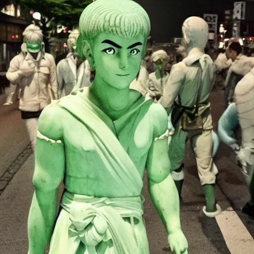 Image similar to everyone on the streets of japan suddenly turned into stone statues, the situation was eerie and silent dr. stone film footage, with green light effect from above