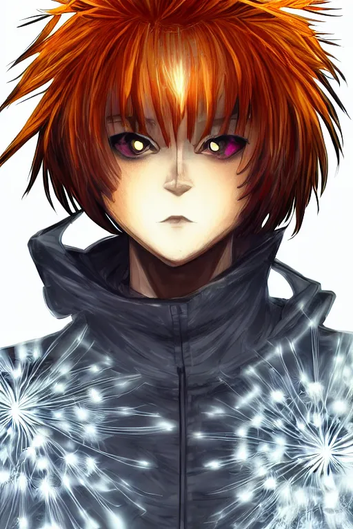 Image similar to glowing luminescent dandelion male anime character, symmetrical, highly detailed, digital art, sharp focus, trending on art station, amber eyes, autumnal colours