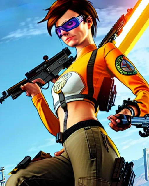 Image similar to gta 5, grand theft auto 5 cover art of tracer from overwatch