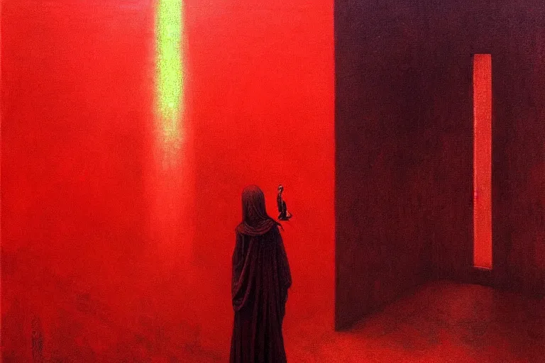 Image similar to only with red, a red angel announce the win, at the gates of a rich renaissance city. inthe background, pathos, in the style of beksinski, part by hopper, part by rodcenko, part by hofbauer, intricate composition, red by caravaggio, insanely quality, highly detailed, masterpiece, red light, artstation