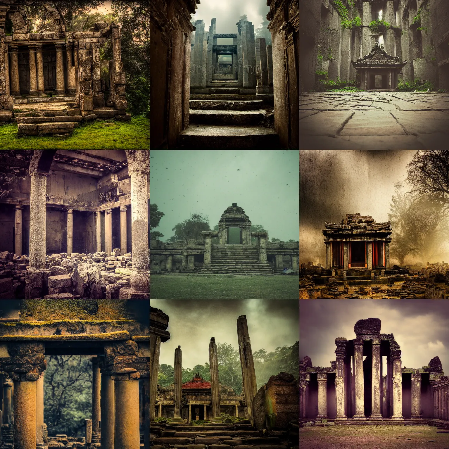 Prompt: the ruins of a temple, moody, cinematic colors, bokeh