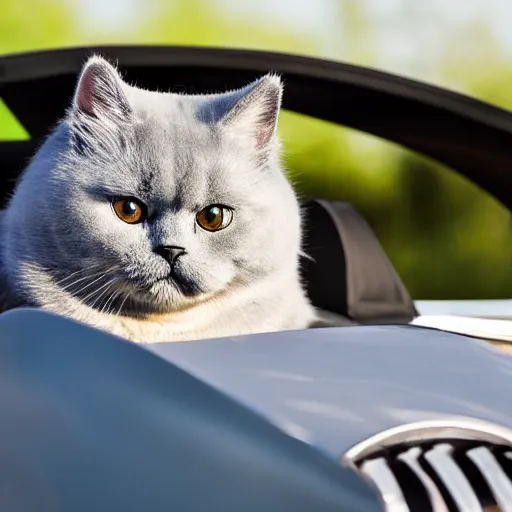 Prompt: a fluffy British Shorthair transformed into a roadster, cool, realistic, 4k, hd, highly detailed