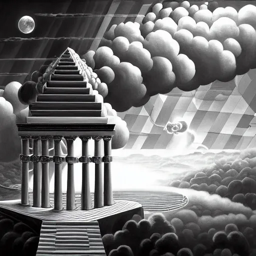 Image similar to A black and white freemasonic chequered surrealist digital painting of a stairway to into the clouds in the art style of jeff koons, Gilbert williams, Edwin Frederic Church and Christopher Balaskas, trending on artstation, 4k UHD