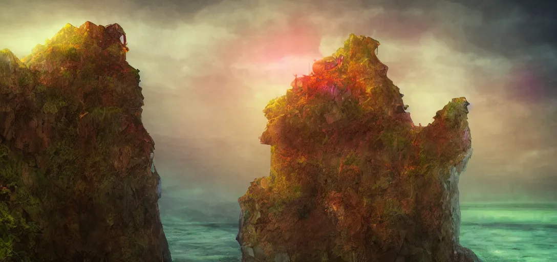 Prompt: tower with an arch on a cliff of a mountain in water color, claymation style, colourful, volumetric light,, dramatic light, analogue photo, vfx art, digital painting, digital illustration, unreal engine render