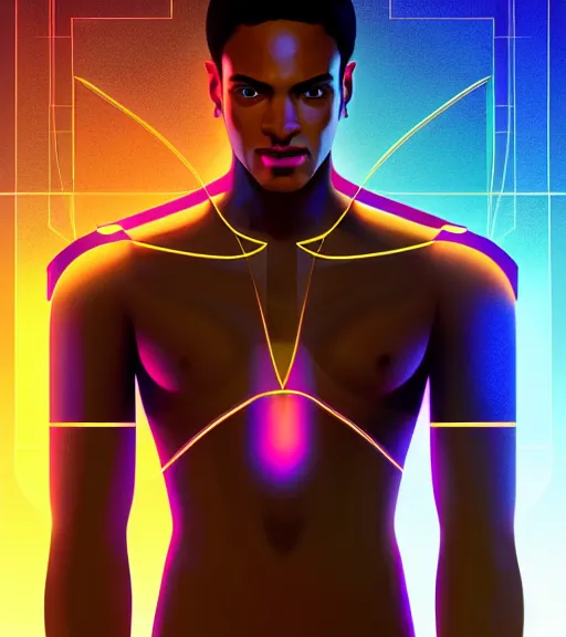 Image similar to symmetry!! egyptian prince of technology, solid cube of light, hard edges, product render retro - futuristic poster scifi, lasers and neon circuits, brown skin man egyptian prince, intricate, elegant, highly detailed, digital painting, artstation, concept art, smooth, sharp focus, illustration, dreamlike, art by artgerm