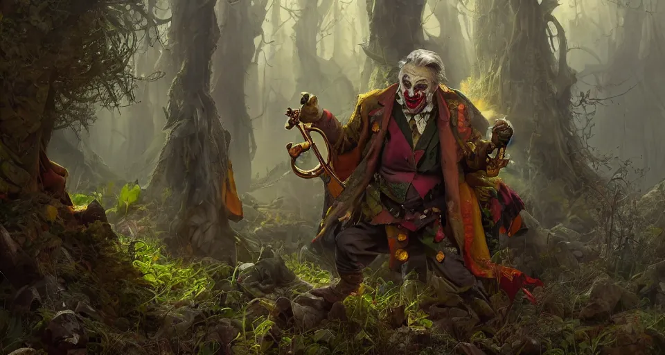 Image similar to robert de niro as medieval joker, crazy colorful clothing with a heavy golden mace in his left hand and a beer jug in his right hand, wandering through a forbidden forest, trending on artstation, 8k hyperrealistic, style of peter mohrbacher, octane render, unreal engine