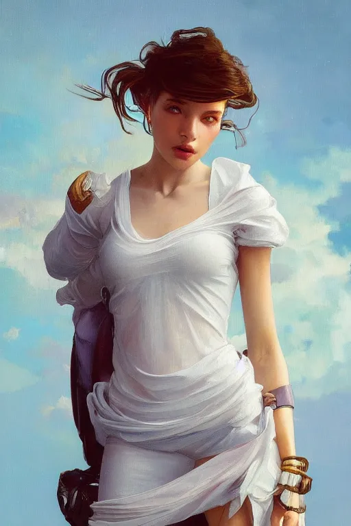 Image similar to an hyper intricate oil painting of gen z model wearing a fashion outfit wearing a clean t - shirt, full body ultra fashion model pose by vogue, excellent composition, by yoshitaka amano, by greg rutkowski, by alphonse mucha, by rhads, by ross tran, trending on artstation