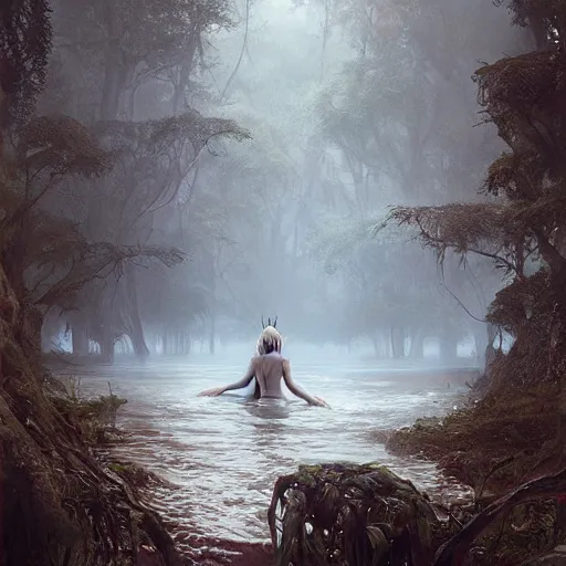 Prompt: forest nymph rising from the water. view from behind, back view. nuri iyem, james gurney, james jean, greg rutkowski, anato finnstark.