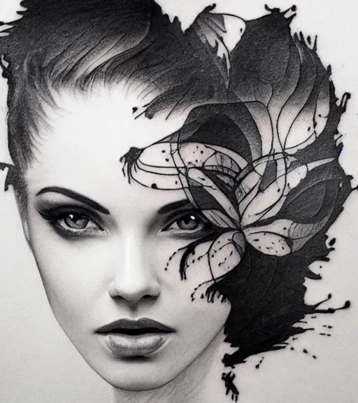 Image similar to tattoo design sketch of a beautiful woman face with a faded background of beautiful mountains on her side, hyper - realistic, double exposure effect, in the style of den yakovlev, amazing detail, black and white, faded