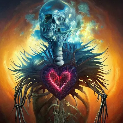 Prompt: a beautiful painting by Grzegorz greg rutkowski and Anato Finnstark of an anatomically correct heart bursting out of an anatomically correct skeletal rib-cage and exploding into rainbows and sunflowers, trending on artstation hq