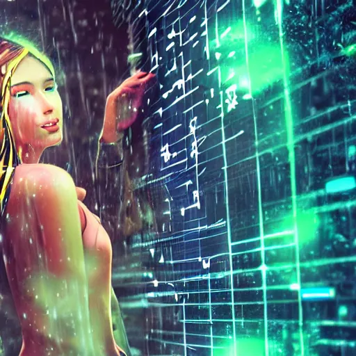 Image similar to hyperdetailed beautiful girl in the rain interacting with a holographic interface on a wall in a future cyber punk style city trending on cgsociety