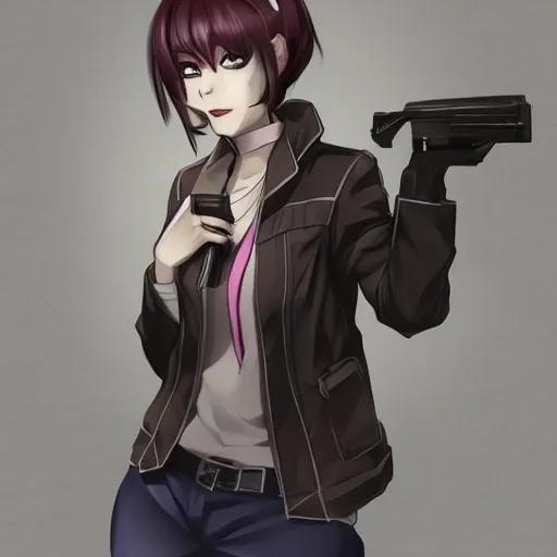 Prompt: a woman with a gun in her hand, a character portrait by shitao, trending on pixiv, sots art, official art, pixiv, anime